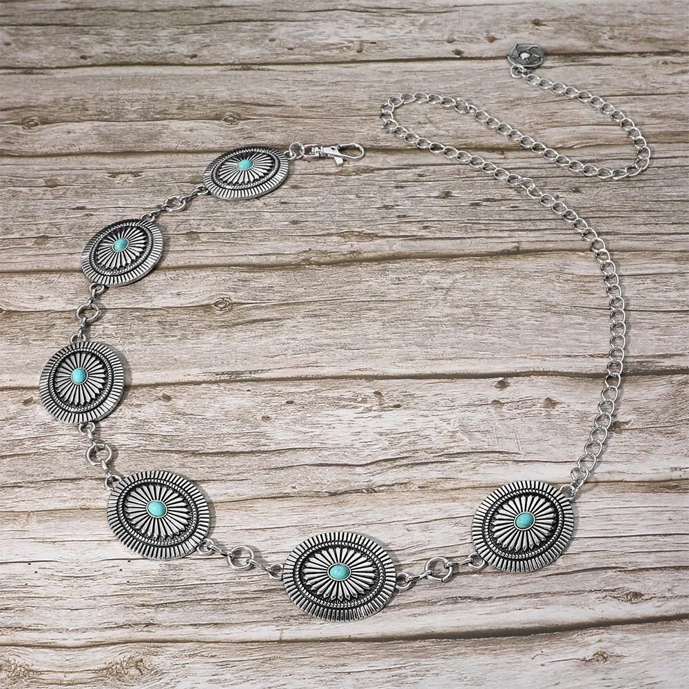 Silver Boho Vintage Western Turquoise Stone Concho Statement Belt